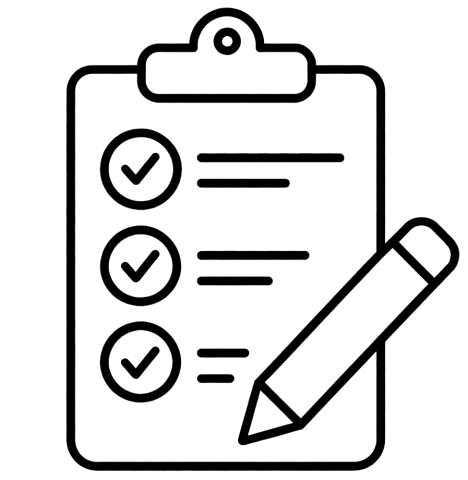 An icon in black showing a clipboard and a pencil depicting the completion of a questionnaire