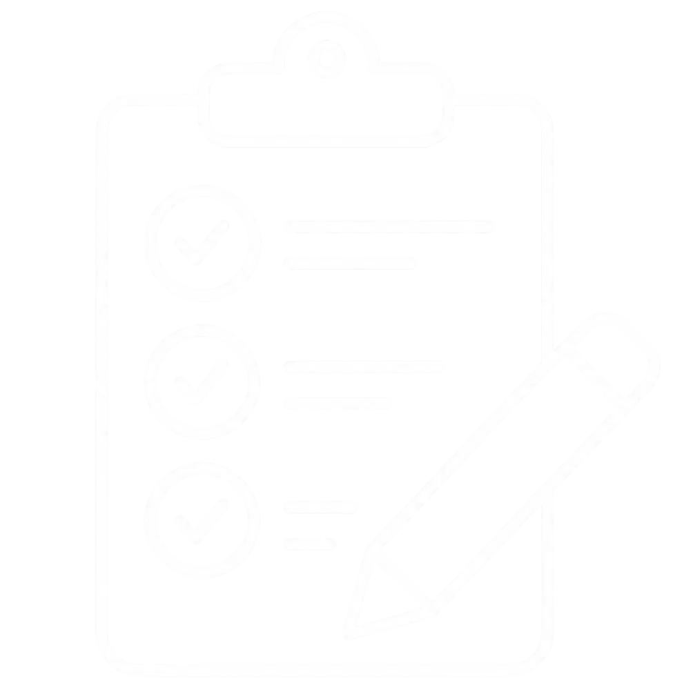 An icon in white showing a clipboard and a pencil depicting the completion of a questionnaire
