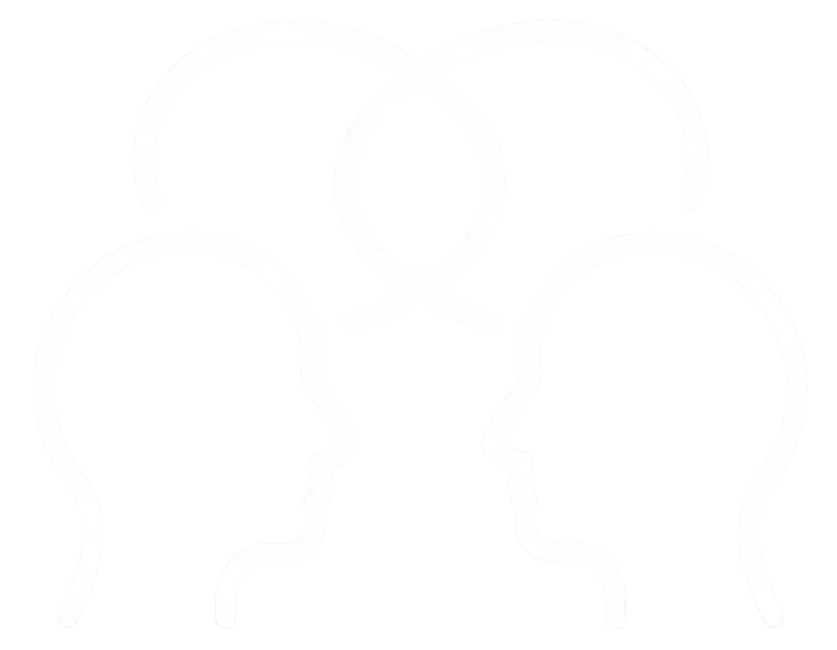 An icon in white of 2 people's heads with thoughts as shapes coming out of their heads that are interlinked depicting an interconnected couple
