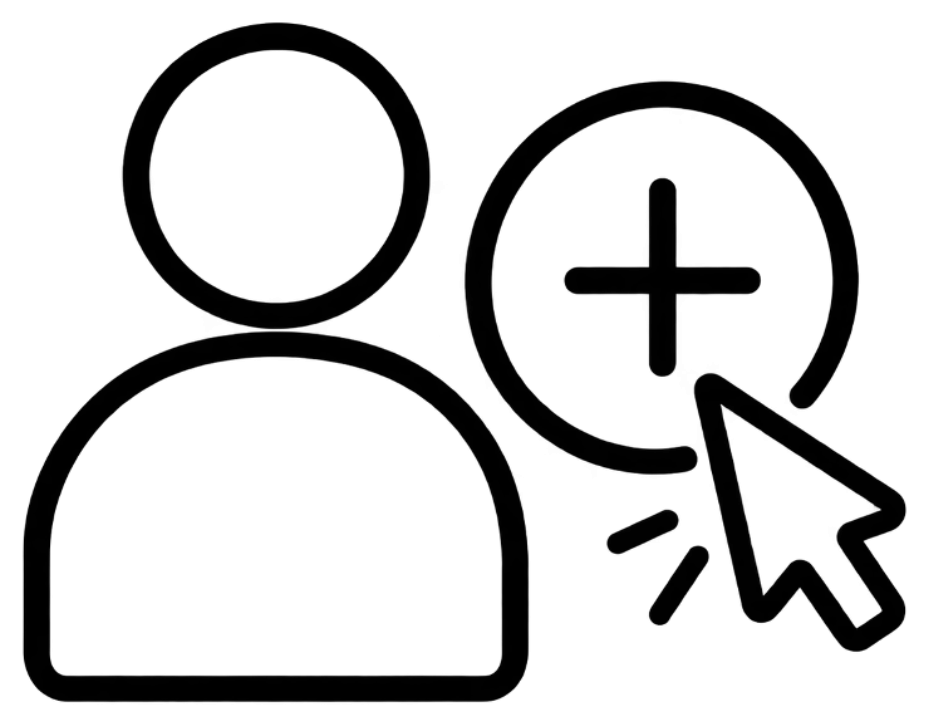 An icon in black of a person next to a plus symbol and a mouse pointer clicking the plus to signify getting started