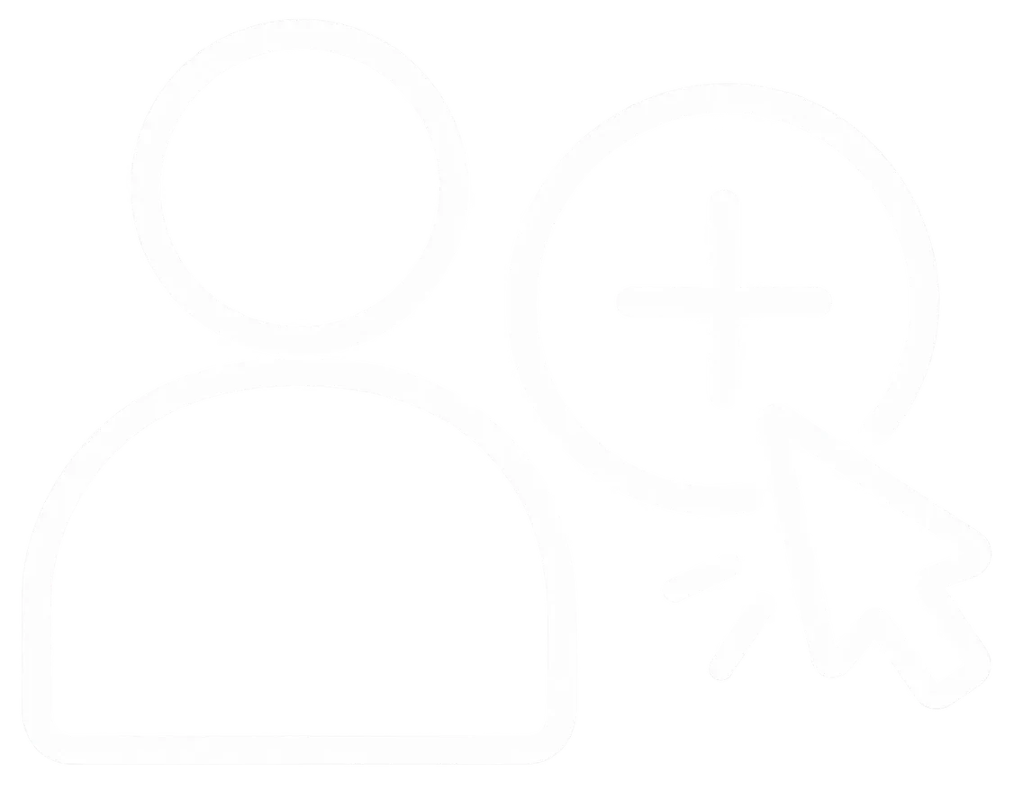 An icon in white of a person next to a plus symbol and a mouse pointer clicking the plus to signify getting started
