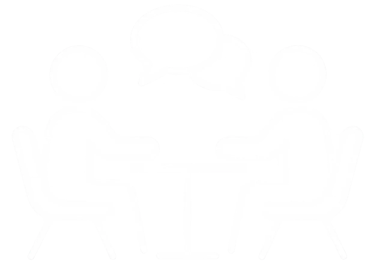 An icon in white showing 2 people sat at a table with speech bubbles above their heads depicting a meeting