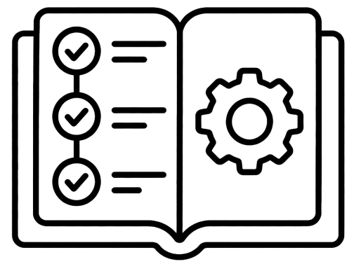 An icon in black showing an open book with steps on the left and a cog on the right depicting a framework